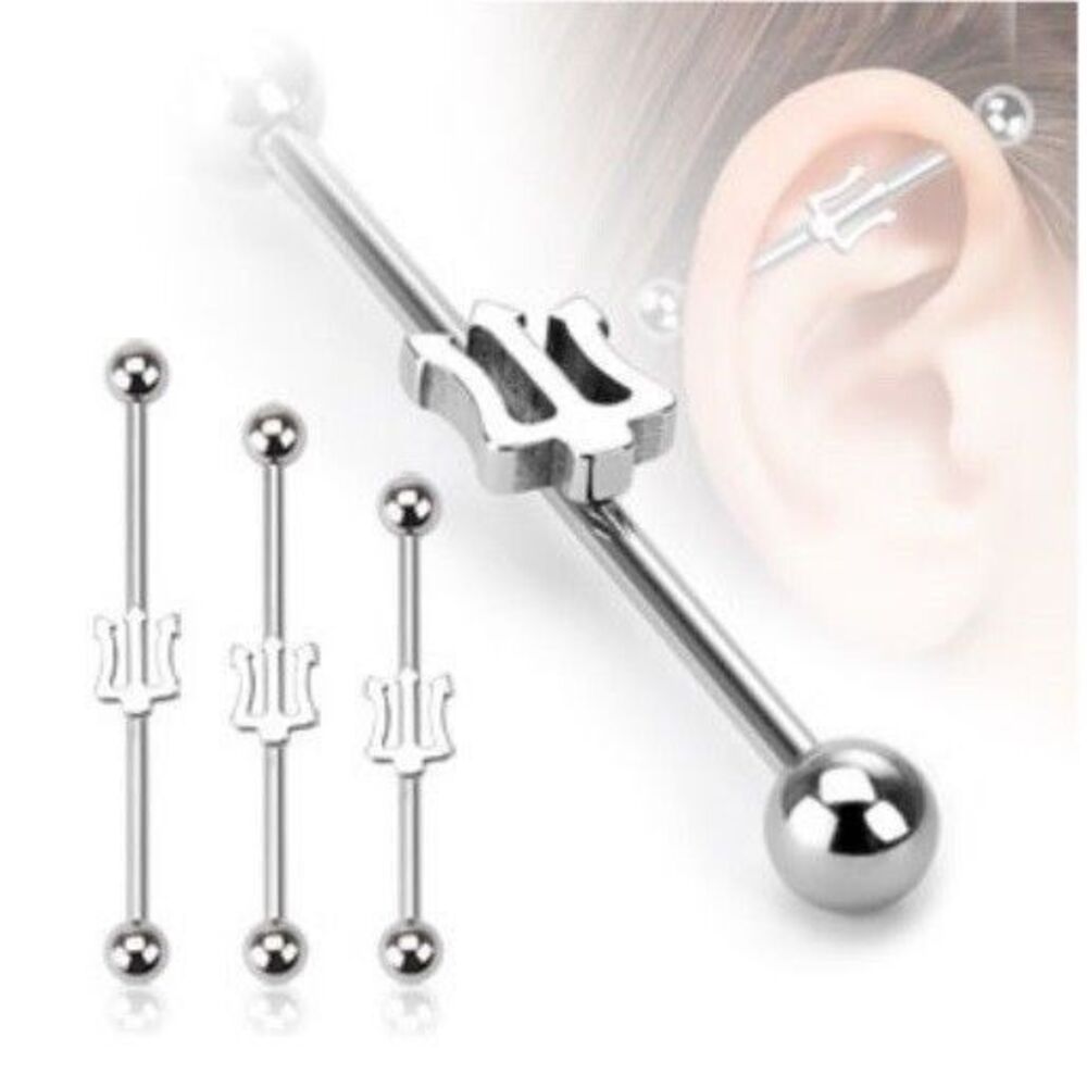 Industrial Barbell with Trident – 14g 316L Stainless Steel